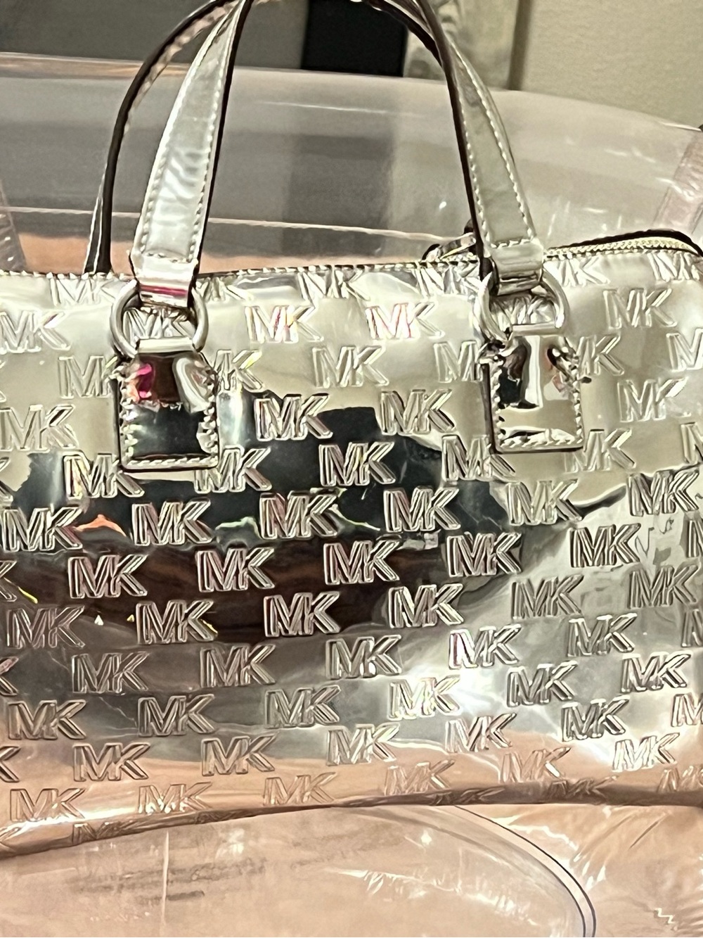 Michael Kors Silver Embossed MK Logo Satchel Bag